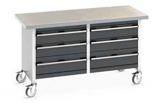 Bott Cubio Mobile Storage Workbench 1500mm wide x 750mm Deep x 840mm high supplied with a Linoleum worktop (particle board core with grey linoleum surface and plastic edgebanding) and 6 drawers (4 x 150mm high and 2 x 200mm high).... 1500mm Wide Mobile Moveable Industrial Storage Benches with Cupboards and Drawers